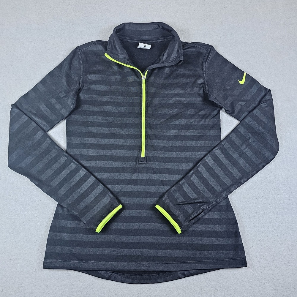 Nike Pro Half Zip Long Sleeve Shirt Womens Medium Black Green Trim Thumb Holes